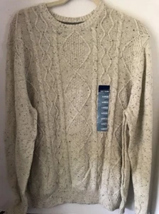 BASIC EDITIONS MEN'S Ivory Cable Knit Sweater Crew Neck Size L - Picture 1 of 3