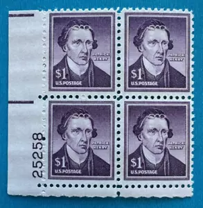 US Stamps Scott 1052 plt block 1955 Liberty Issue Patrick Henry one dollar M/NH - Picture 1 of 3