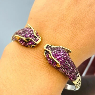 Pulsera Mujer Tigre Gato Animal Figura Rosa Rubí Simulado Plata de Ley 925 Foto 1 de 4