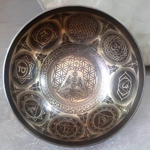10 inch Yogi Flower of Life Chakra Etching Carving Bowl-Deep Relaxing Sound Bowl - Picture 1 of 14
