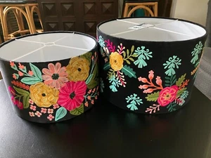 Karma Living Hanging Lampshade Set Black Velvet w/Embroidered Flowers NIB $180 - Picture 1 of 24