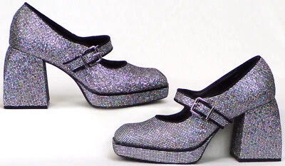 GB 7M silver (mostly) sparkling flare-heel low-platform Mary-Jane party pumps - Image 1 of 4