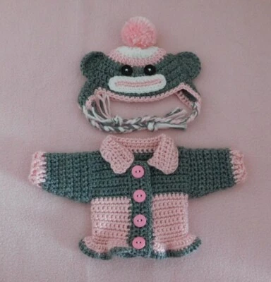 Doll Clothes Outfit, Crochet Sweater P Sock Monkey Sweater & Hat Fits 14.5" Doll - Image 1 of 3