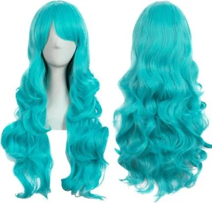 LONG WAVY CURLY HAIR WIG BLUISH CYAN COSPLAY COSTUME PARTY FASHION 80CM - Picture 1 of 1