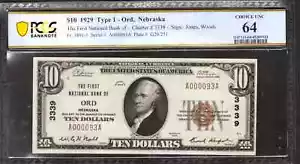 1929 $10 FIRST NATIONAL BANKNOTE CURRENCY ORD NEBRASKA PCGS 64 CHOICE UNC (093A) - Picture 1 of 2