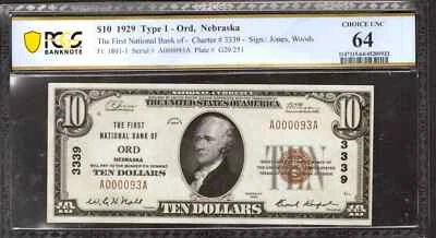 1929 $10 FIRST NATIONAL BANKNOTE CURRENCY ORD NEBRASKA PCGS 64 CHOICE UNC (093A) - Image 1 of 2