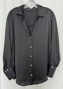 Zara Black Satin Button-Up Long Sleeve Shirt XL - Picture 1 of 5