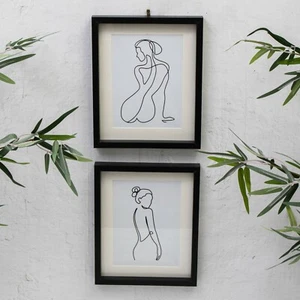 Set 2 Stampe Astratte Linea Nera Donna Corpo Wall Art Cornice Legno - Foto 1 di 4