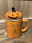 New Rae Dunn Orange Pumpkin “Trick or Treat" Coffee Mug with Topper Halloween