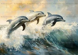 DOLPHIN ART PRINT, Jumping Wildlife Wall Decor Ocean Waves Sea Beach Poster F699 - Picture 1 of 2