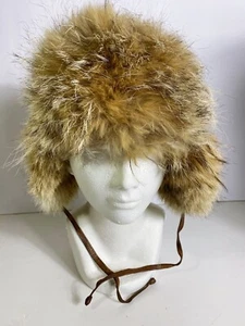 Authentic Cabelas Kids Brown Coyote/Leather Fur Cap S Flaps Tie Strap Outdoor - Picture 1 of 6