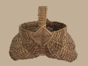 Primitive Woven Buttocks Basket Bent Wood Handle Signed Dated 1986 - Picture 1 of 6