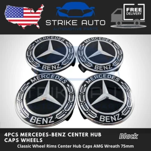 MERCEDES BENZ SET OF 4 Classic Black 75MM Wheel Rims Center Hub Caps AMG Wreath - Picture 1 of 1