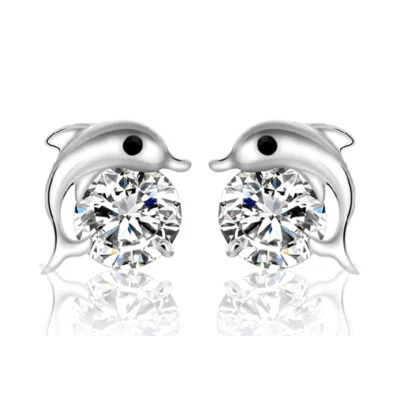 925 Placcato Argento Cristallo Lucente Orecchio Bottone Delfino Donna Regalo - Immagine 1 di 2