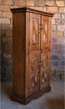 Antique Rustic Armoire, Sunrays Carved Chakra Cabinet Farmhouse Storage Chest