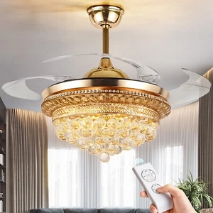 42" Invisible Ceiling Fan Crystal Chandeliers Remote Retractable Blade Fan Light - Picture 1 of 17