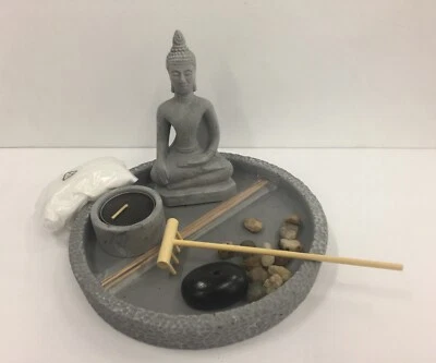 Gray Cement Zen Buddha Statue Garden Set with Candleholder& Sand - Image 1 of 3