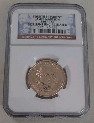 2007-P Madison $1 Brilliant Uncirculated NGC Annual Dollar Coin 4th President  - Image 1 of 2
