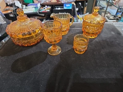 Lote de palillos de dientes Mosser Eye Winker crema ámbar y azucarero con tapa plato de caramelo Foto 1 de 4