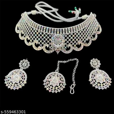 Gargantilla Kundan india Bollywood plateada collar nupcial pendientes conjunto de joyería Foto 1 de 3