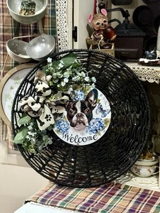 Handcrafted Boston Terrier Welcome Wreath-Wall Decor, 18 Inch, Black Rattan - Picture 1 of 6