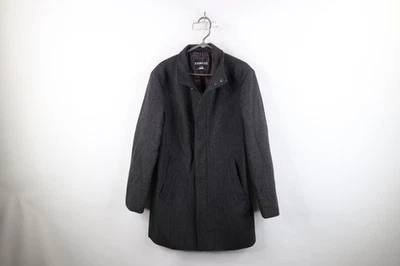 Express Mens Large Wool Blend Herringbone Full Zip Overcoat Trench Jacket Gray - Image 1 of 4