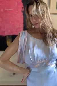 1940s Satin Evening Gown - Vintage Evening Gown Satin Light Blue and Pink S - Picture 1 of 15
