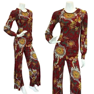 VTG 70S RED WHITE YELLOW GREEN SNAKESKIN DOTTY FLORAL DISCO JUMPSUIT 6 XS - Picture 1 of 11