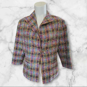 Vtg Doncaster Collection Sz 14 Tweed Bouclé Plaid Cropped Blazer Jacket Women - Picture 1 of 11
