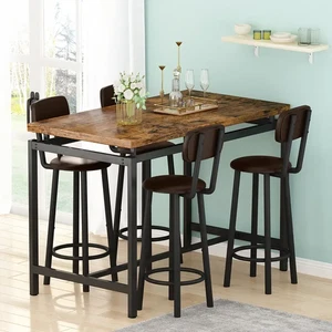 5PCS Bar Table Set Kitchen Dining Breakfast Pub Table + 4 PU Chairs Stools Brown - Picture 1 of 4