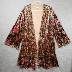 Easel Crushed Velvet Open Front Duster Kimono Womens Medium Floral Boho Prairie - Picture 1 of 16