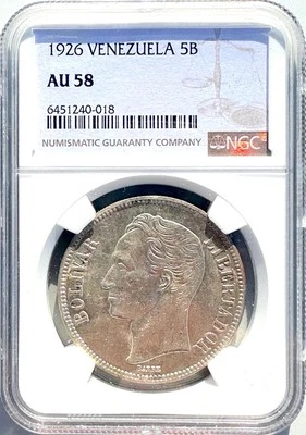 MONEDA CORONA PLATA ANTIGUA VENEZUELA 5 BOLÍVARES 1926 AU 58 25 GRS 0.900 NGC Foto 1 de 4