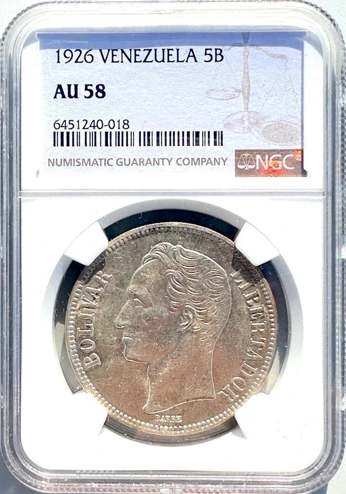 MONEDA CORONA PLATA ANTIGUA VENEZUELA 5 BOLÍVARES 1926 AU 58 25 GRS 0.900 NGC Foto 1 de 4