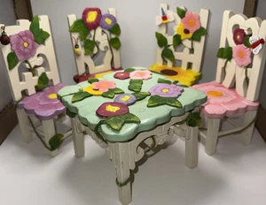 Delton Products Corp Vintage Floral Wooden Doll Furniture 4 Chairs & Table - Picture 1 of 15