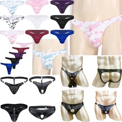 UK Men's Shiny Satin Ruffled Low Rise Gay G-string Thong Pouch Panties Underwear - Image 1 of 2