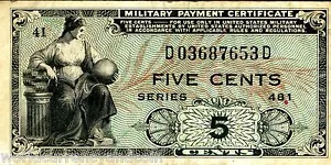 USA UNITED STATES 5 CENTS M22 1951 MPC 481 MILITARY PAYMENT CERTIFICATE KOREA - Picture 1 of 3