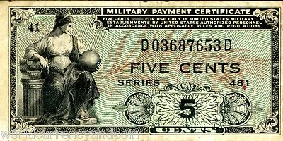 USA UNITED STATES 5 CENTS M22 1951 MPC 481 MILITARY PAYMENT CERTIFICATE KOREA - Image 1 of 3