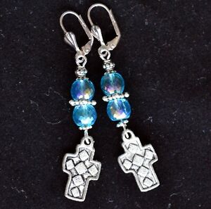 Cross earrings, silver cross earrings, blue crystal earrings, long Boho (E224)