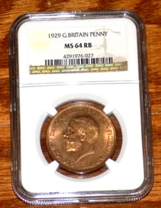 1929 GREAT BRITAIN PENNY NGC MS 64 RB UNCIRCULATED UNC CERTIFIED Graded COIN - Picture 1 of 4