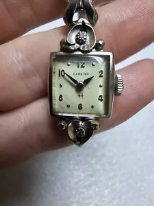 Hamilton 10K Solid White Gold 2 Tiny Diamond BIGGS Ladies Watch WORKS BAND BROKE - Picture 1 of 22