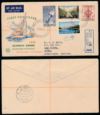 AUSTRALIA 1956 OLYMPIC GAMES SET FDC REGISTERED ILLUSTRATED to ARUBA ANTILLES - Image 1 of 3