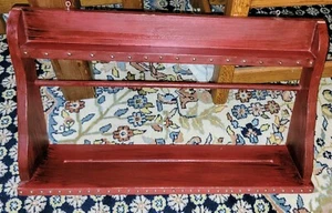 Distressed hard wood dark barn red stained hanging 2-level shelf w silver tacks - Picture 1 of 16