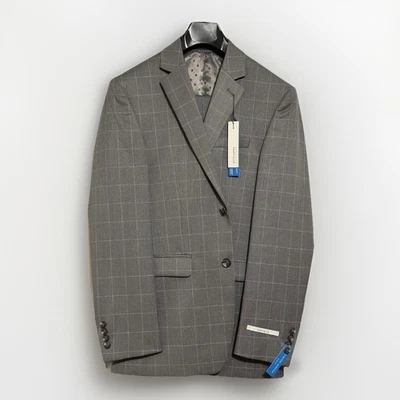 NWT Perry Ellis Portofino 36R 30x30 Slim Suit Gray Windowpane Comfort Stretch - Image 1 of 4