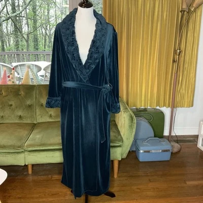 De Colección Bata de Terciopelo Verde Azulado Vestido Abrigo Talla Mediana Bolsillos Grannycore Foto 1 de 4