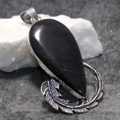 Black Obsidian 925 Silver Plated Gemstone Pendant 2.5" Aesthetic Jewellery GW - Image 1 of 3