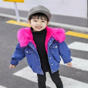 Girl Coat Fur Collar Kids Children Denim Jacket Outwear Cowboy Thick Winter
