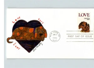 Hand Painted LOVE, 1986 pic Puppy, First Day of Issue by L. Murphy - Picture 1 of 1