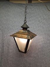VINTAGE COPPER COLONIAL LANTERN WORN PAINT FROSTY BEVEL GLASS HANGING LAMP LIGHT