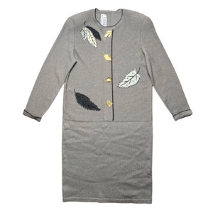 Vintage 80s Embroidered Sweater Dress Large Wool Blend Leaf Minimalist Old Money - Picture 1 of 5