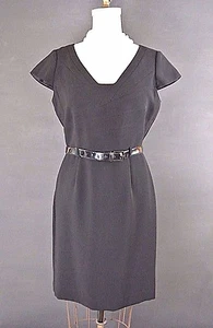 Tahari Black Dress 10 P Cap Sleeve V neck Sheath Wear to work Solid Belted *1008 - Picture 1 of 7